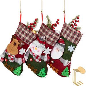 3 Pack Plaid Christmas Stockings with Golden Hooks, 12.6'' Knit Xmas Socks Set for Fireplace Mantel Decor, Traditional Holiday Hanging Stockings for Gifts & Decorations Santa Deer Snowman (Style 7)