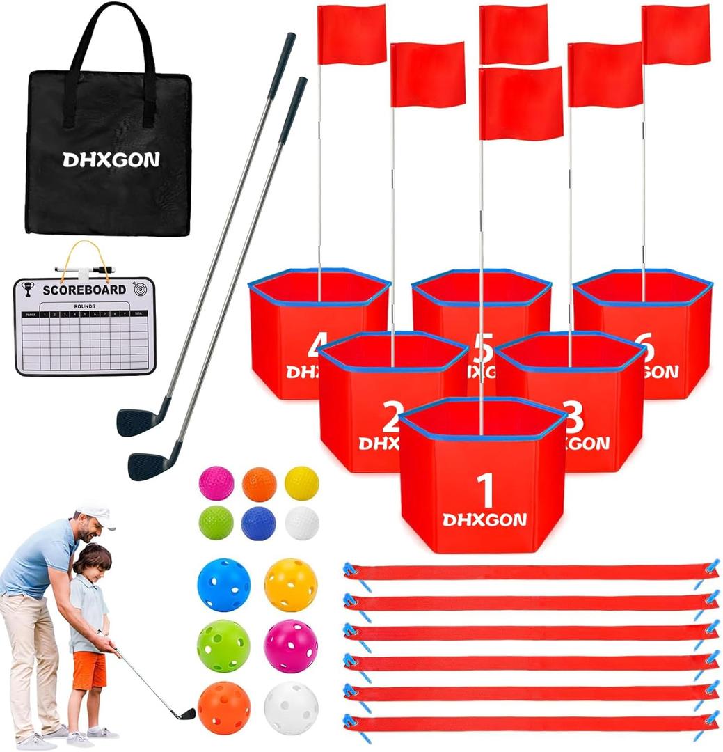 Backyard Golf Game with 2 Clubs, Portable 6 Hole Golf Course, Outdoor Yard Golf Chipping Game for Family and Adults, Beach, Park, Lawn, Field Day Reunion Party Games (Red)