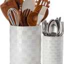 Nucookery Utensil Holder, Extra Large Ceramic Utensil Crock for Kitchen Counter, Stable Spatula & Flatware Organizer, Farmhouse Embossed Kitchen Decor, Set of 2 (Checkered)