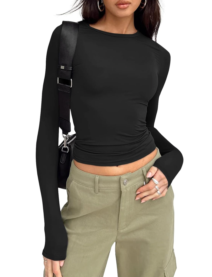 Trendy Queen Womens Long Sleeve Shirts Fall Fashion 2025 Basic Crop Tops Going Out Workout Outfits Y2k Clothes XS