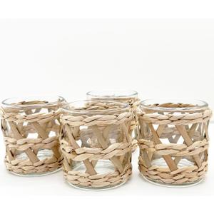 Pack 4 Woven Rattan Tealight Candle Holder Candle Lantern, Coastal Tropical Boho Glass Tea Light Holder Votive Candle Holders, Natural Seagrass Hand Woven Votive Candle Holder (Brown)