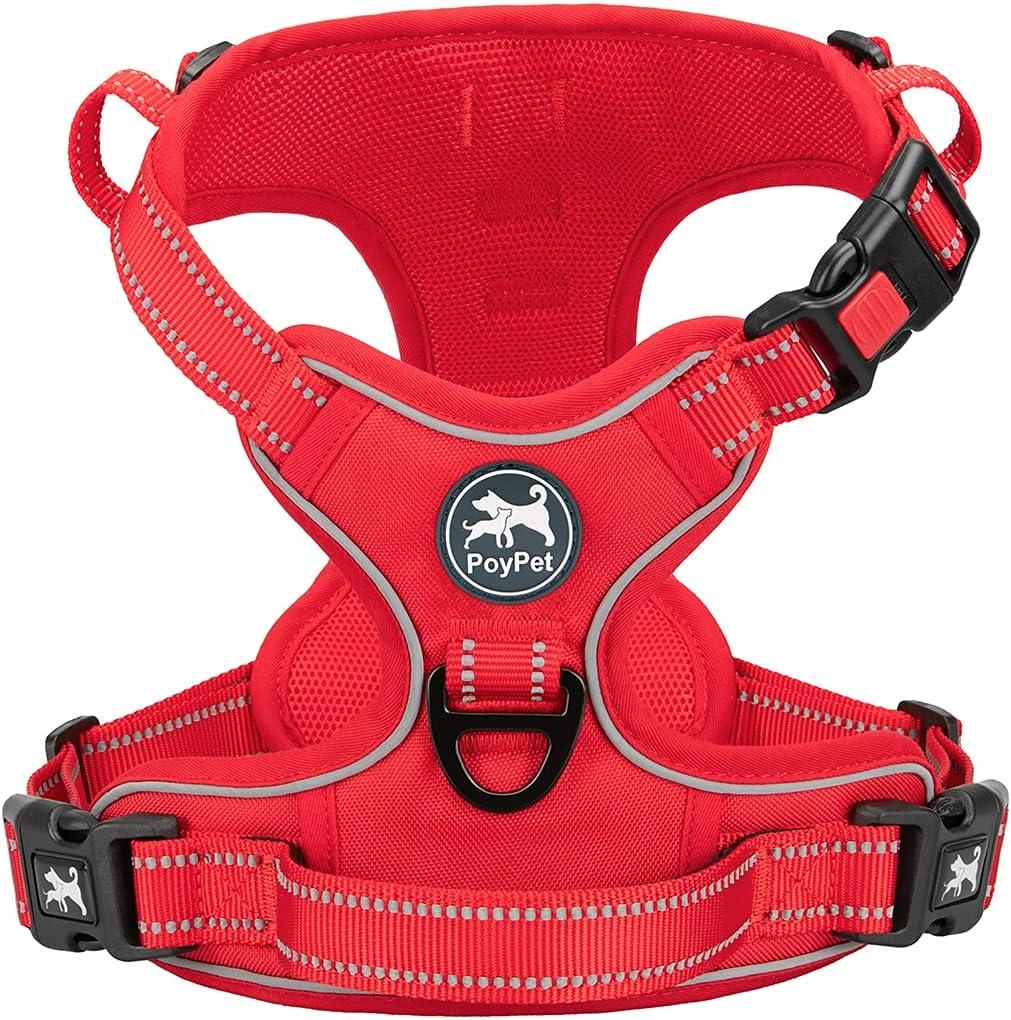 PoyPet No Pull Dog Harness, No Choke Reflective Dog Vest, Adjustable Pet Harnesses with Easy Control Padded Handle for Dogs(Red Matching Trim,XS)