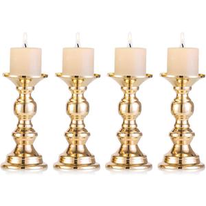 Set of 4 Gold Metal Pillar Candle Holders, Wedding Centerpieces Candlestick Holders for 2 inches Candles Stand Decoration Ideal for Weddings, Special Events, Parties