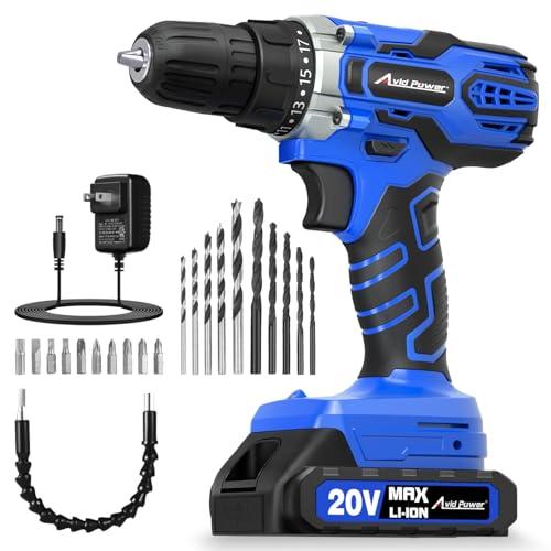 AVID POWER 20V MAX Power Drill Kit, Cordless Drill Set with Battery and Charger, 2 Variable Speed, 3/8-Inch Keyless Chuck, 19 Position and 22pcs Bits - Blue
