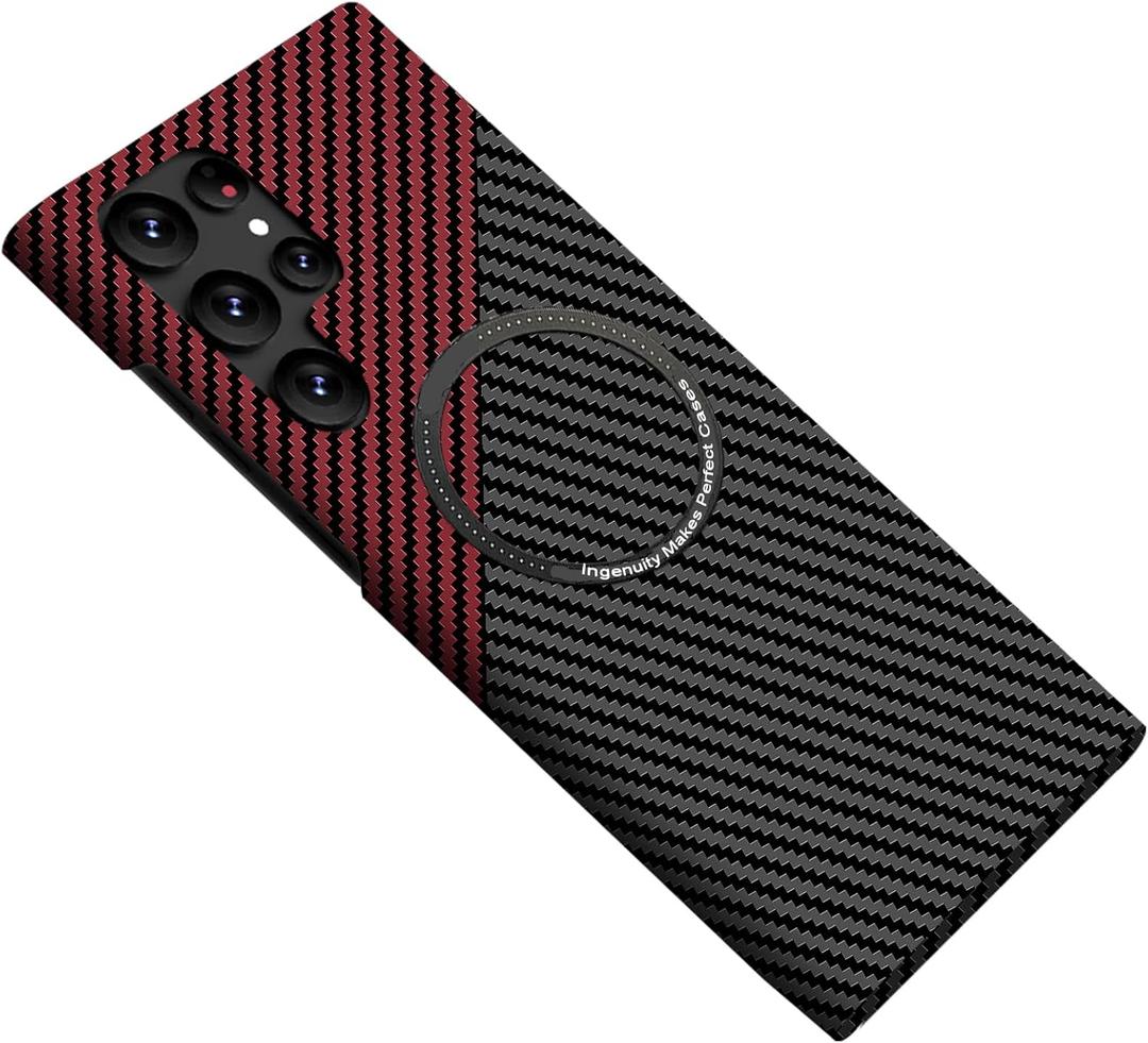 Magnetic Case for Samsung Galaxy S25 Ultra, Compatible with MagSafe Carbon Fiber Slim Thin Lightweight Aramid Fiber PC Back Anti Scratch Drop Protection Rugged Shockproof Cover, Black&Red