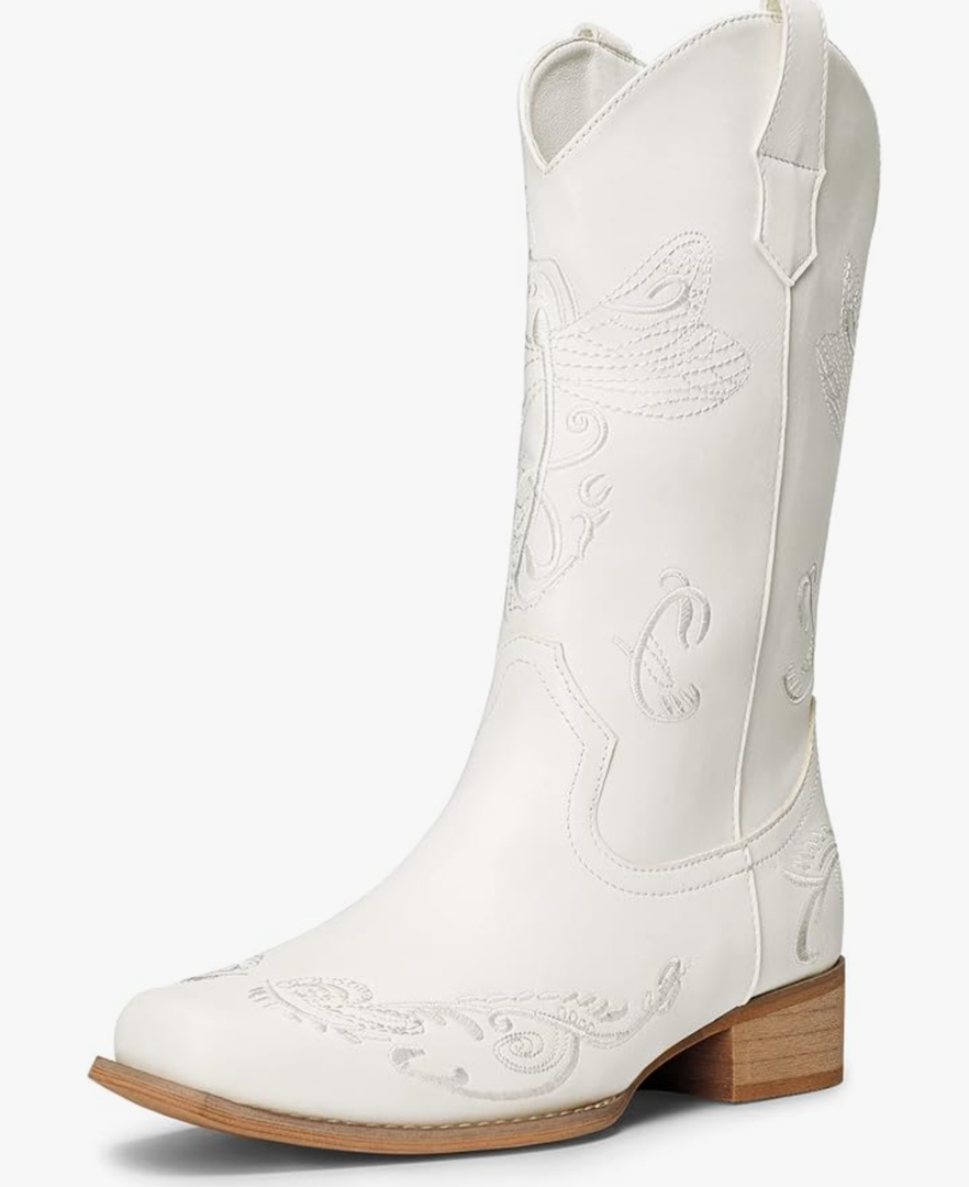 DREAM PAIRS Women's Square Toe Cowboy Cowgirl Boots Pull On Low Chunky Heel Mid Calf Western Boots with Embroidered Stitched for Theme Party Country Concert Size 8