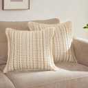 Embroidered Throw Pillow Cover Set of 2, Spring Summer Boho Farmhouse Decorative Pillow Case with Tassels, Textured Cushion Cases for Sofa Living Room Home Decor (Beige, 18" x 18")