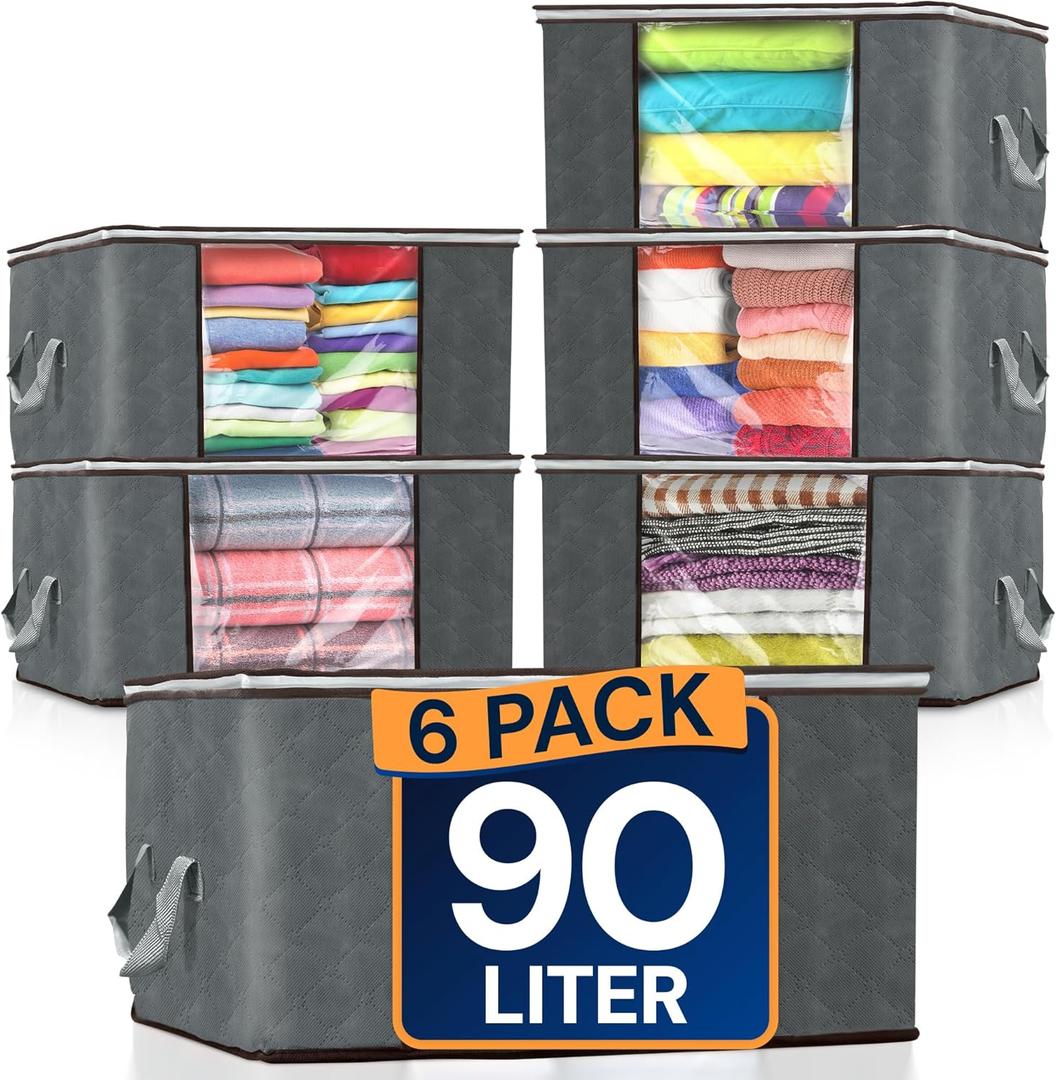 Reli. 90L Large Clothes Storage Bags (6 Pack) Closet Organizers and Storage Containers | Foldable Bins with Lids & Handles | Large Bags for Towels, Comforters, Blankets | Grey