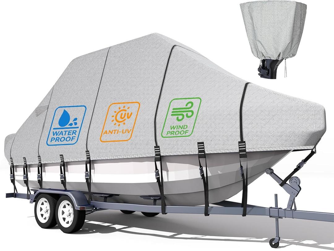 5-ply 1200D 100% Waterproof T-Top Boat Cover Solution Dyed Fade-Proof Trailerable Hard Top Boat Cover with 21 Windproof Straps, Motor Cover Fit 23'-25' Long Center Console Boat with T Top Roof