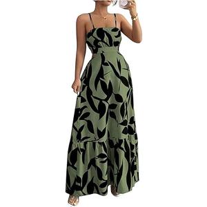 OYOANGLE Women's Cut Out Floral Print Tropical Maxi Cami Dress Ruffle Flowy Summer Vacation Spaghetti Strap Sundress, XL