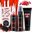BOBISUKA Halloween Makeup Fake Blood Kit- Washable Dark Spray + Fresh Dripping + Blood Thick Gel, Blood Capsule, Stipple Sponge & Soap, Realistic Scar Tattoo for SFX Zombie Clown Mouth Clothes