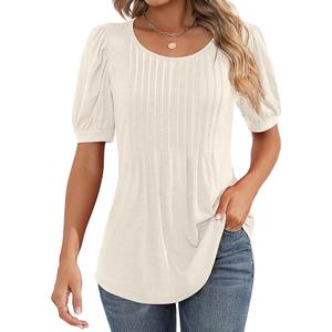 Ficerd Women's Puff Short Sleeve Tunic Tops Pleated Crew Neck Summer Blouses Dressy Casual Loose T Shirts, Size L, 2 Pack