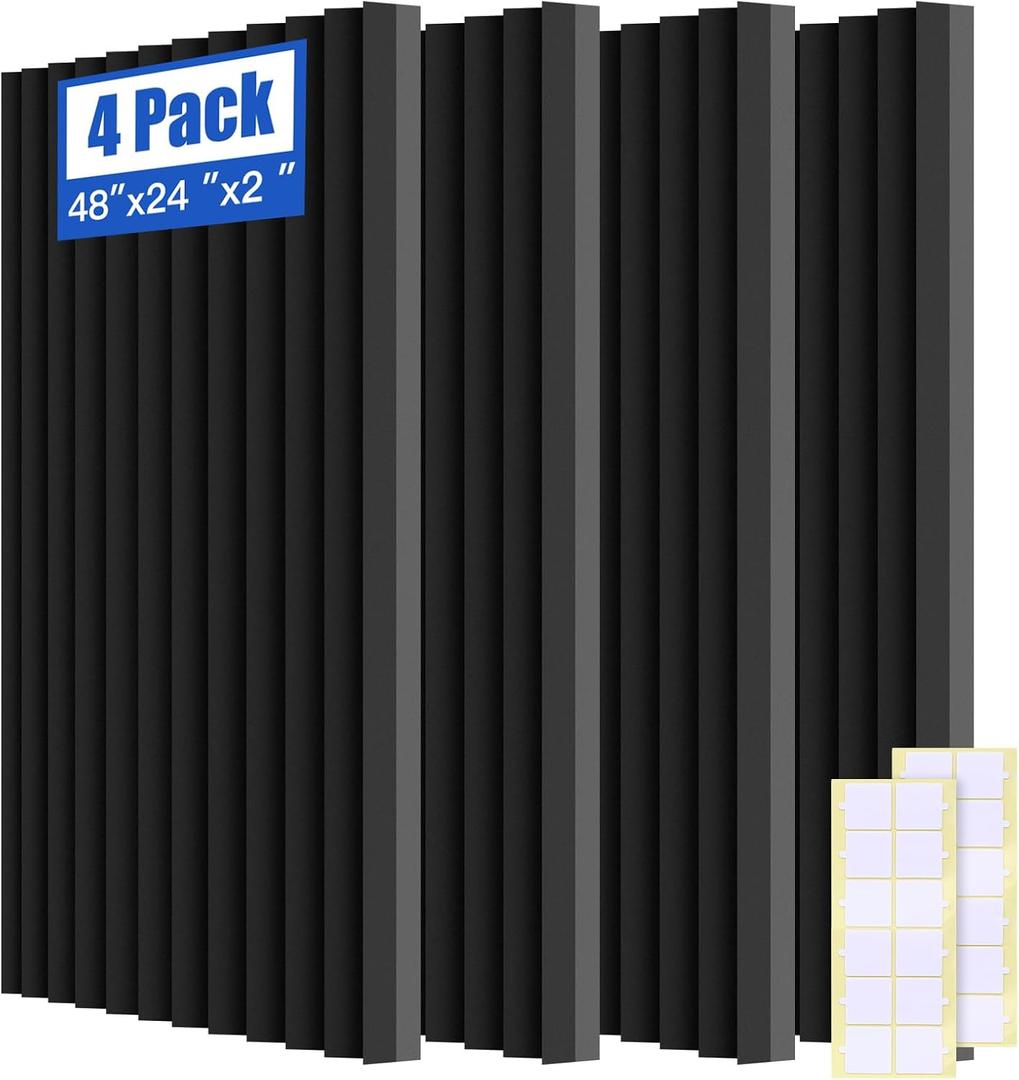 4 PCS Acoustic Panels,48''X24''X2'' Soundproof Foam Wall Panels,High Density Fireproof Noise Cancelling Studio Foam Panel,Noise (Black 4 Pack, 48''X24''X2'')