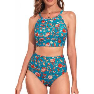 Herseas Women's Bikini Sets High Neck Tropical Leaf Print High Waisted Two Pieces Swimsuits Bathing Suits (Navy Blue Floral, Small)