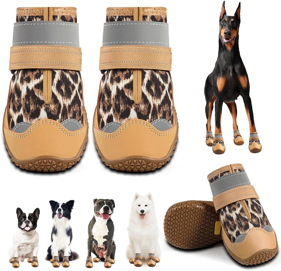 Dog Shoes for Large Dogs, Medium Dog Boots & Paw Protectors for Hardwood Floors, Outdoor Dog Booties for Hot Pavement Winter Snow Hiking, Waterproof Dog Shoes with Reflective Strips Size 4 (#4 (width 1.96 inch) for 36-43 lbs, Leopard Print)