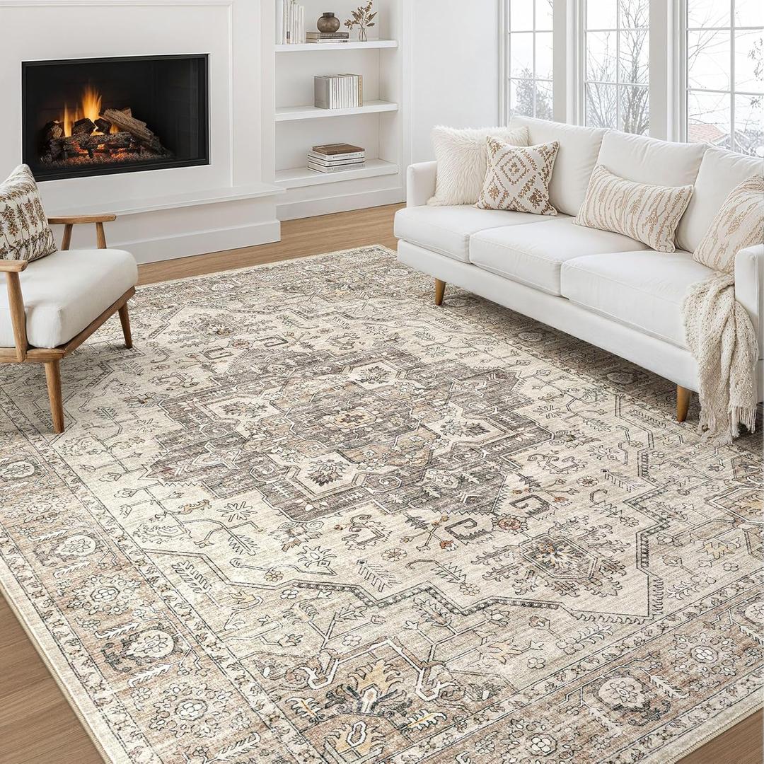 Area Rug 8x10 Washable Vintage - Soft Traditional Rugs for Living Room Large Non Slip Backing with Low Pile Farmhouse Oriental Retro Carpet for Bedroom Dining Room or Home Office - Light Brown