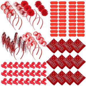 54 Pcs Team Spirit Items Bulk Team Spirit Week Accessories Include Pom Pom Headbands Bandana Whistles Stickers for Sports Events Cheering Essentials(Red)