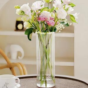 Set of 2 10x3.5 inch Clear Glass Flower Vases, Ribbed Vase for Centerpiece Table Home Indoor Desk Decor, Modern Boho Style Vase for Wedding House Gift
