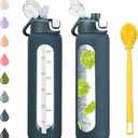 chunmo 32 oz Glass Water Bottle with 2 Lids-Handle Spout Lid & Straw Lid, 1 Liter Motivational Borosilicate Water Bottle with Time Marker and Silicone Sleeve,Leakproof-Dark Blue-1 Pack