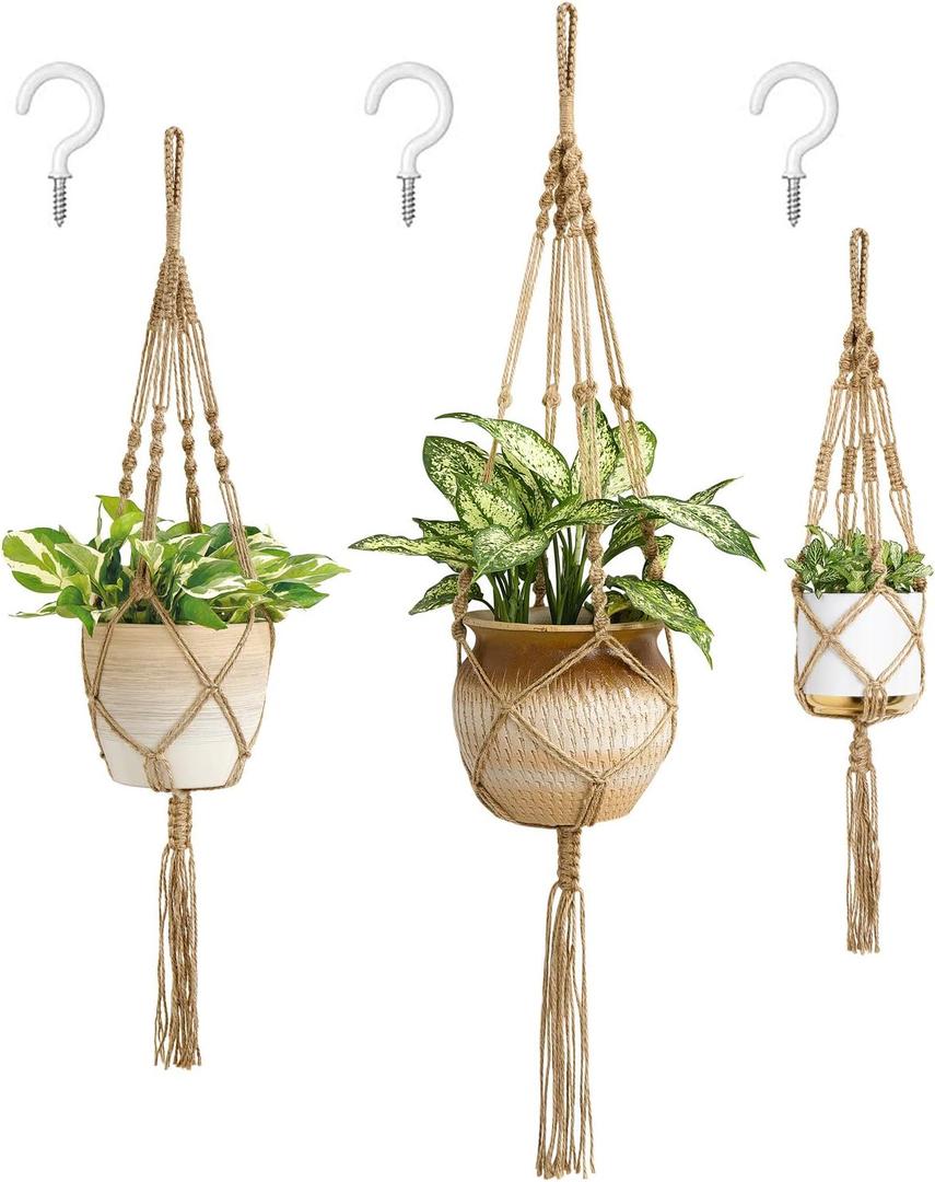 Mkono Macrame Plant Hangers, 3 Different Sizes Indoor Hanging Planters Basket Decorative Flower Pots Holder Stand Boho Home Decor, Brown