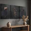 FTQYQLD 3Pcs Dried Flowers Canvas Wall Art, Dark Moody Botanical Prints, Floral Still Life Stretched Canvas for Living Room, Bedroom, Office Decor, 16x24in