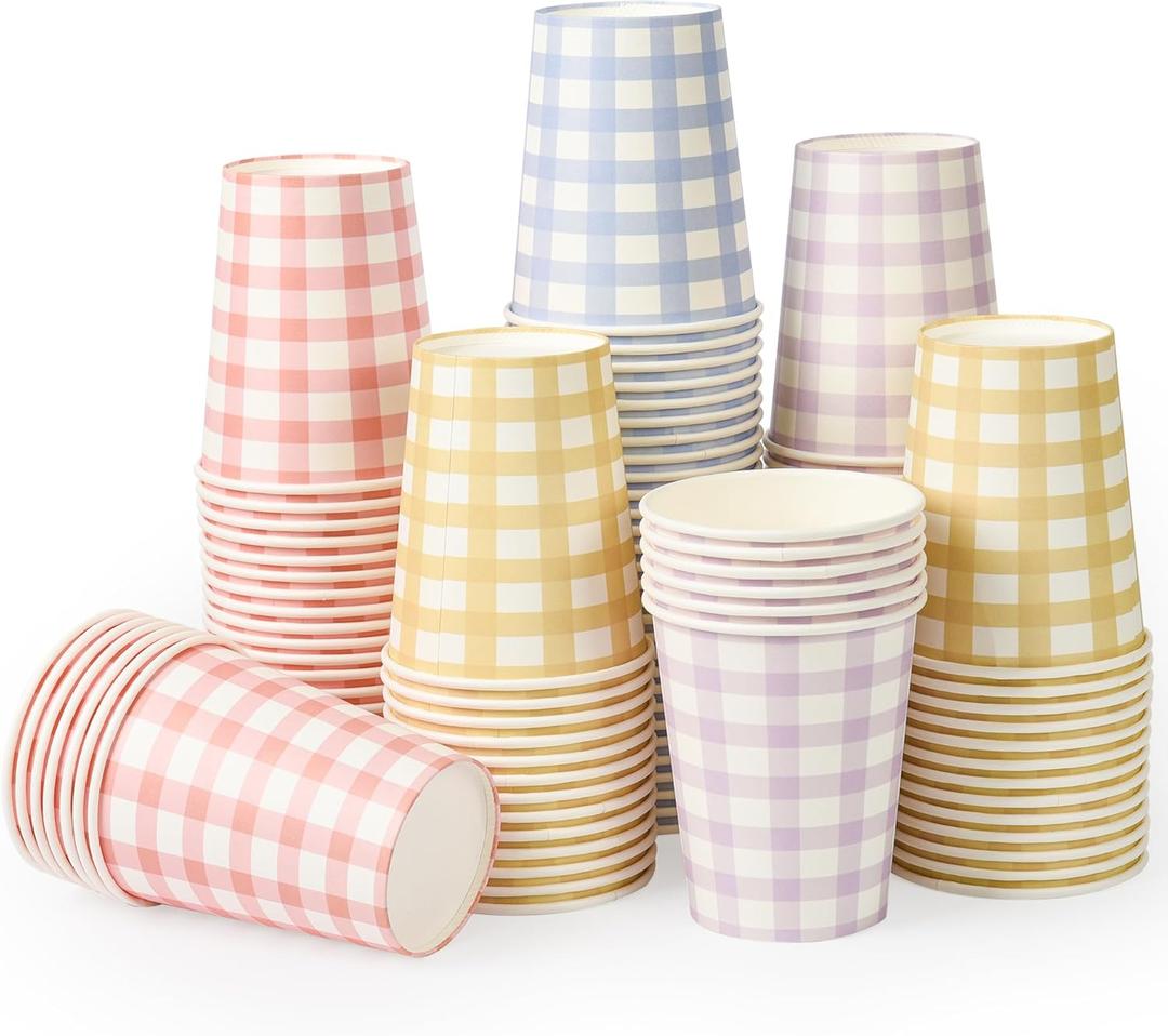 120pcs 9oz Gingham Party Paper Drinking Cups, 4 Colors Disposable Plaid Paper Cups Checkered Cups for Wedding Birthday Decoration Fiesta Baby Shower Picnic