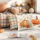 BBOLDIN Fall Thanksgiving Throw Pillow Covers 18x18, Fall Plaid Leaves Pumpkin Orange Pillow Cases Set of 4, Halloween Autumn Cushion Covers Decorations for Home Porch Bedroom