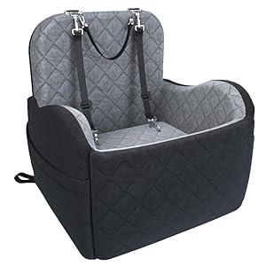 Dog Booster Car Seat, 6in Memory Foam Adjustable Booster Cushion for Small/ Medium Dogs, Detachable and Washable Dog Car Seat with Cooling Mat, Pet Booster Seat with Storage Pockets, 2 Safety Belts
