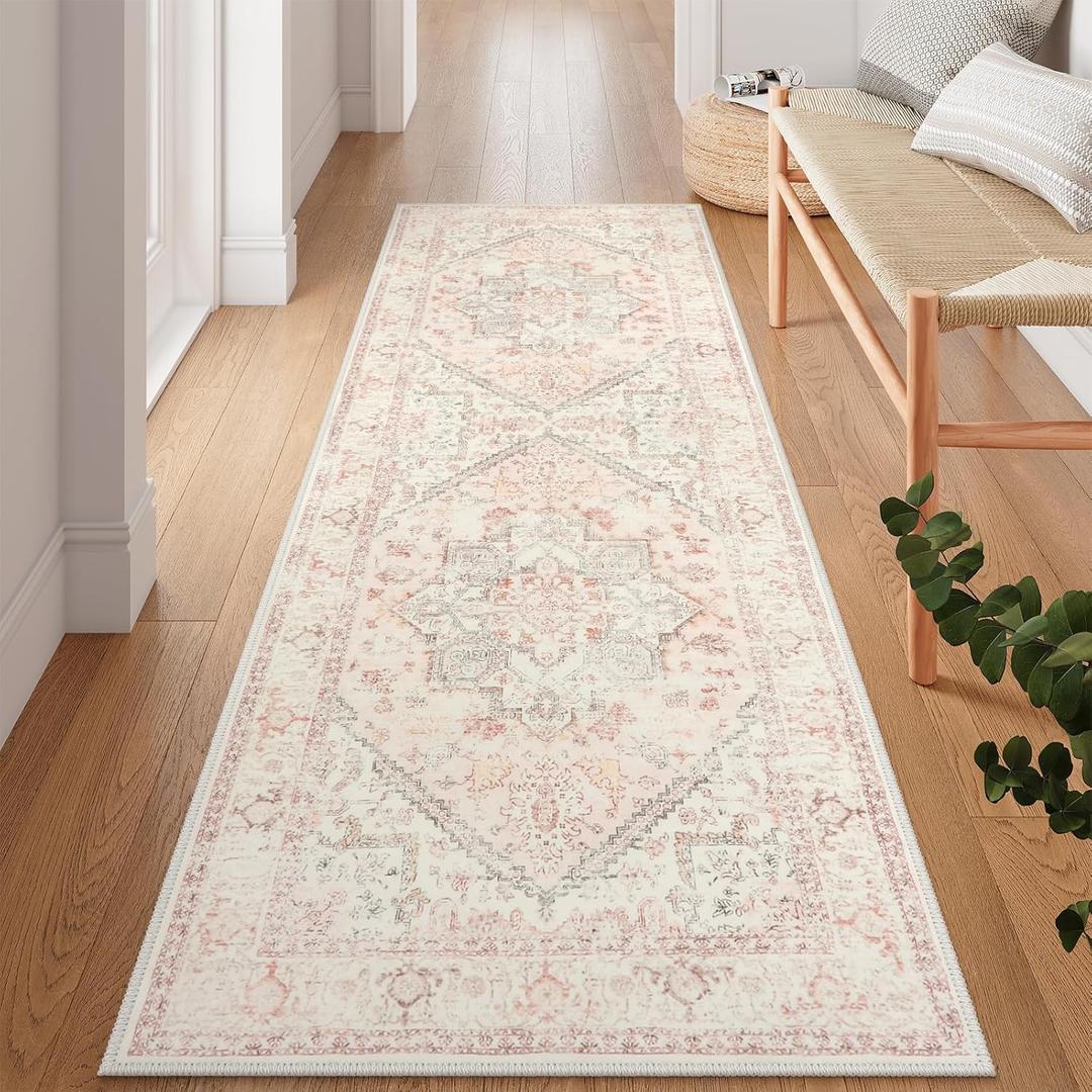 LIVEBOX Washable Oriental Runner Rug 2.5x8 - Long Vintage Tribal Pink for Kitchen Boho Non-Slip Hallway, Low-Pile Accent Throw Area Rug for Laundry Room