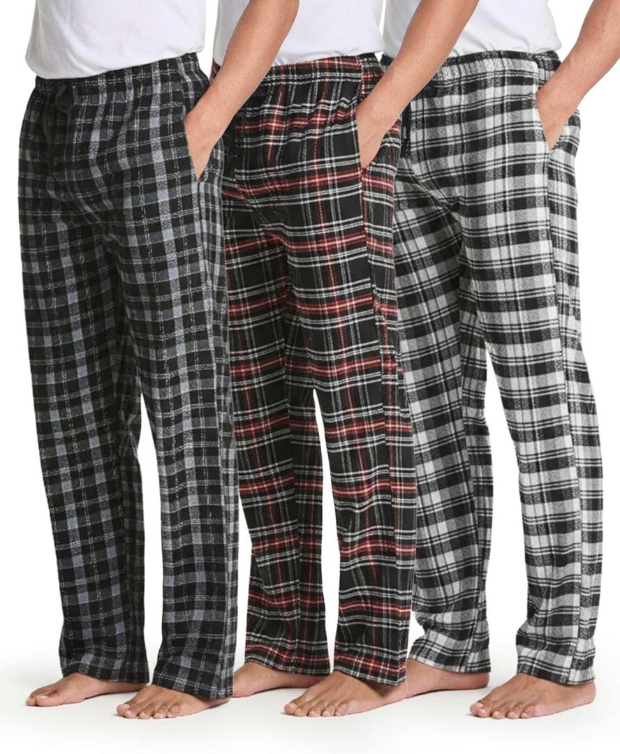 Real Essentials 3 Pack: Men's Soft Cotton Flannel Pajama Pants PJ Lounge Bottoms Elastic Waist Pockets (Big and Tall) (XXL)