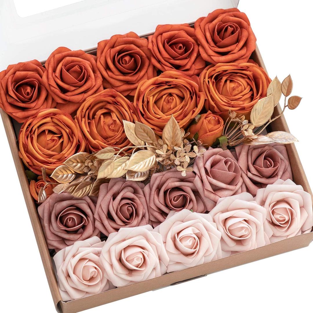 Ling's Moment Artificial Flowers Fake Silk Roses Faux Foam Flower Combo for DIY Wedding Bouquets Centerpieces Arrangements Bridal Shower Party Home Decorations, Orange & Dusty Rose, 21pcs