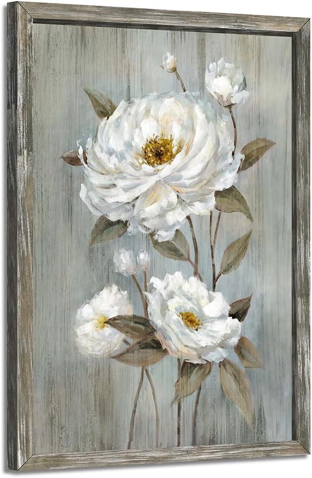 Rustic Floral Framed Wall Art: Modern White Flower Oil Painting Abstract Botanical Picture Vintage Blossom Wood Prints Artwork for Living Room Bedroom Farmhouse, 16"L x 24"W