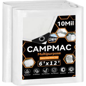 White Heavy Dut Waterproof Tarp 6' x 12', 10 Mil Thick, High Durability, Rip and Tear Resistant with Metal Grommets Every 20 Inches