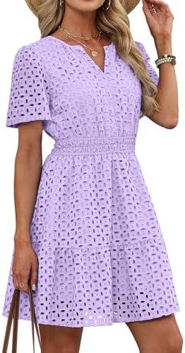 RUMIA Womens Dresses 2026 Summer V Neck Eyelet Lace A Line Short Dress, M