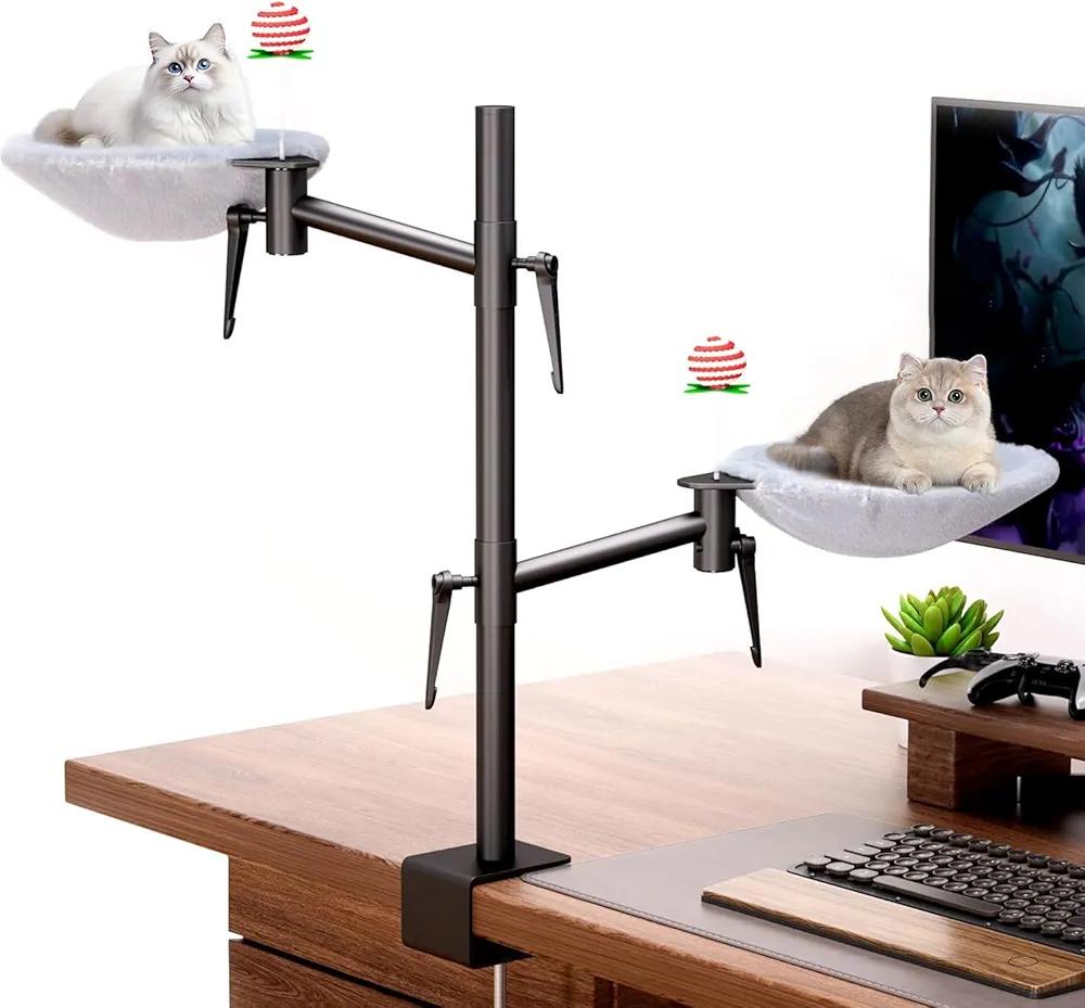 2 Tier Cat Desk Bed - 360°rotating & Adjustable Desk Cat Bed - Supports up to 44 Lbs - With Replaceable Cat Bed Net - Desk Cat Nest Bed Modern Indoor Cat Furniture for Office Desks and Game Tables