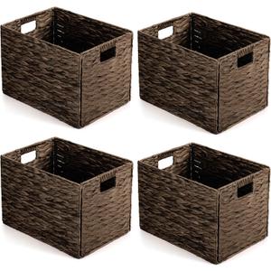 Layhit 4 Pcs Wicker Storage Basket Water Hyacinth Handwoven Baskets with Handles Foldable Woven Organizer Multipurpose Wicker Storage Bins for Bedroom Living Room(16 x 11 x 11'',Dark Brown)