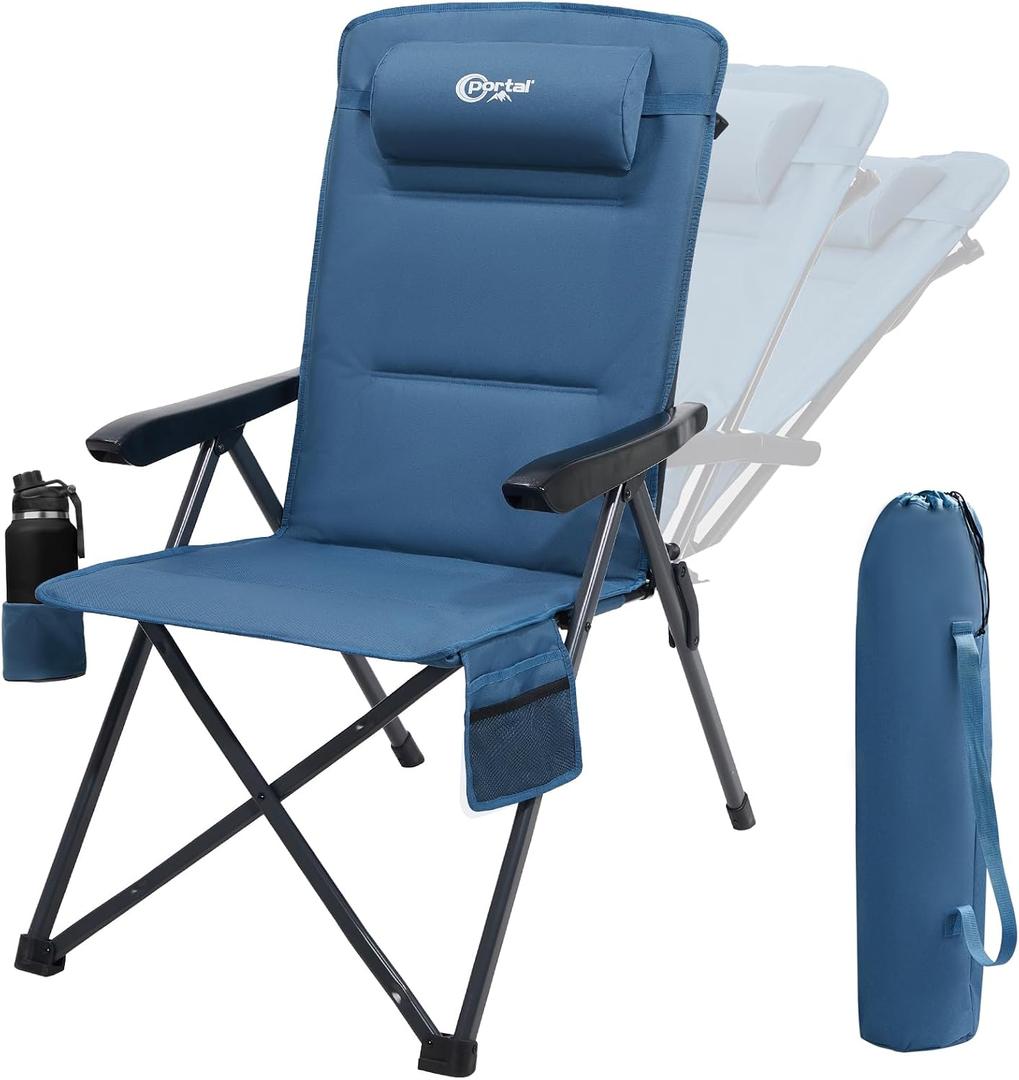 Portal Reclining Camping Chair with Adjustable Back Folding Camp Recliner for Adults Portable High Back Oversized, 350LBS (Blue), Large