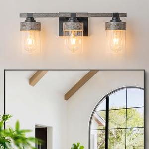 3-Light Farmhouse Bathroom Light Fixtures Over Mirror, Rustic Bathroom Vanity Lights Black and White Painted Industrial Vintage Wall Sconces Light with Clear Glass Shade