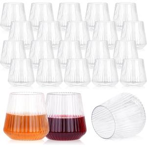 24 Pack Plastic Ribbed Wine Glasses, 14oz Stemless Disposable Wine Cups, Cute Clear Unbreakable Outdoor Cocktail Glasses, Heavy Duty Reusable Plastic Drinking Cup for Party Wedding Mimosa Bar