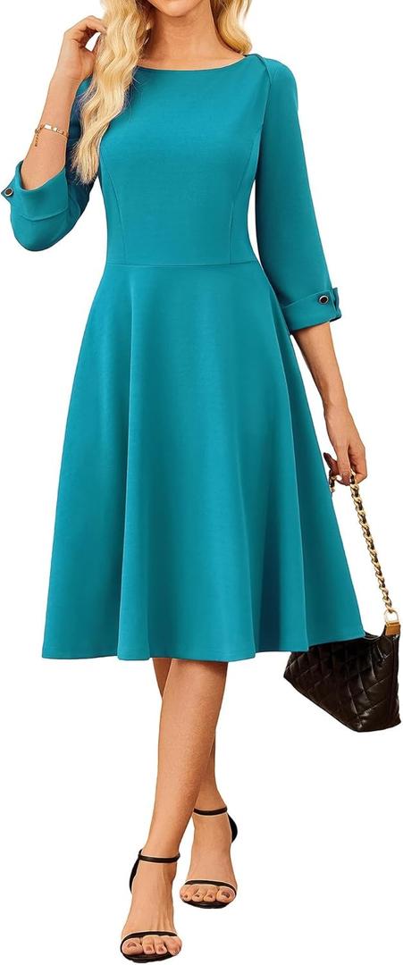 GRACE KARIN Work Dresses for Women 2025 3/4 Sleeve Fit and Flare Business Midi Dress Classy Office Dresses with Pockets (Small, Peacock Blue)