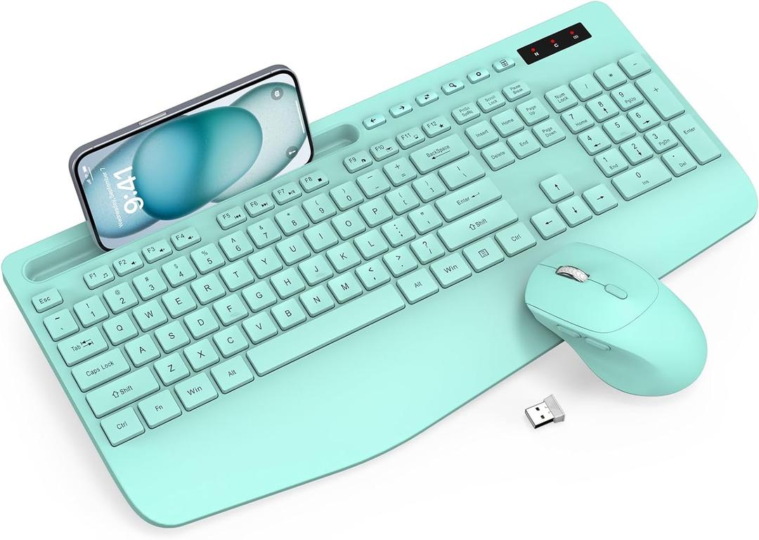 Wireless Keyboard and Mouse Combo - Full-Sized Ergonomic Keyboard with Wrist Rest, Phone Holder, Sleep Mode, Silent 2.4GHz Cordless Keyboard Mouse Combo for Computer, Laptop, PC, Mac, Windows (Green) (1 PACK)