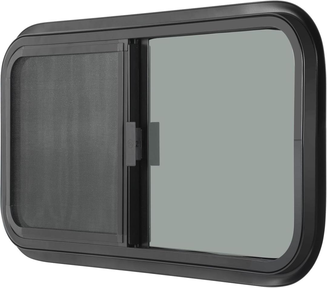 Horizontal RV Window, 24" W x 15" H Tinted Sliding RV Window with Net Screen and Trim Ring, Suitable for 15/16" or 1-3/8" and Slightly Thicker Up to 1/16" Walls, DOT Approved