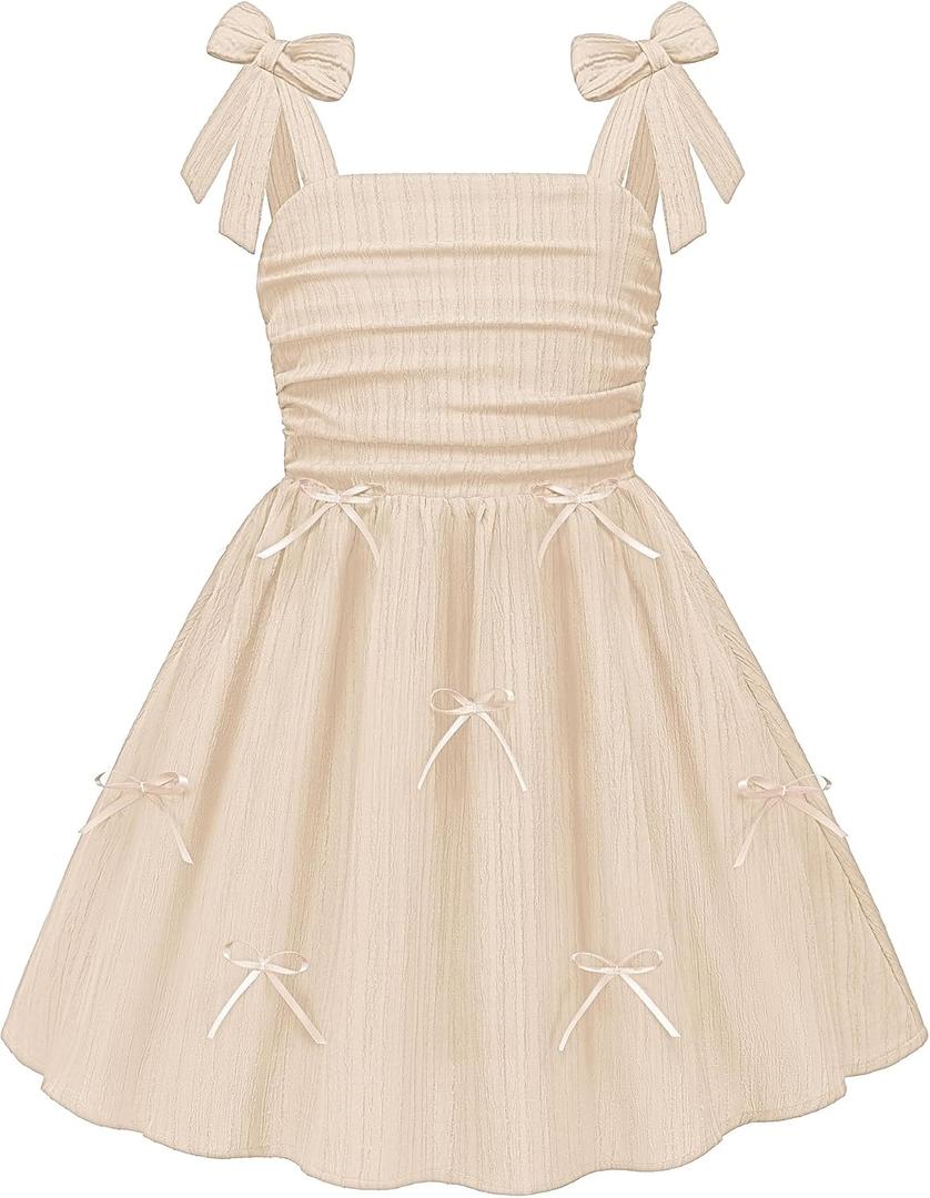 Arshiner Girls Dresses Ruched Smocked Back Spaghetti Strap Bow Summer Boho Beach Party Sundress, Size: 8-9 Years