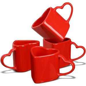 Domensi 4 Pcs 11.8 oz Valentines Heart Shaped Mugs Bulk Red Heart Coffee Cup Valentine Ceramic Mug with Handle Love Tea Cup Gift for Romantic Valentines Wedding Anniversary Couple Lover Decoration