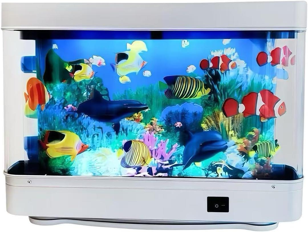 Fish Tank Aquarium with Dolphin - Fake Aquarium Lamp with Moving Dolphin & 2 Ocean DIY Stickers, Gift for Valentine's Day and Christmas, Small Fish Tank Light for Bedroom Office Room Decor, EU Plug