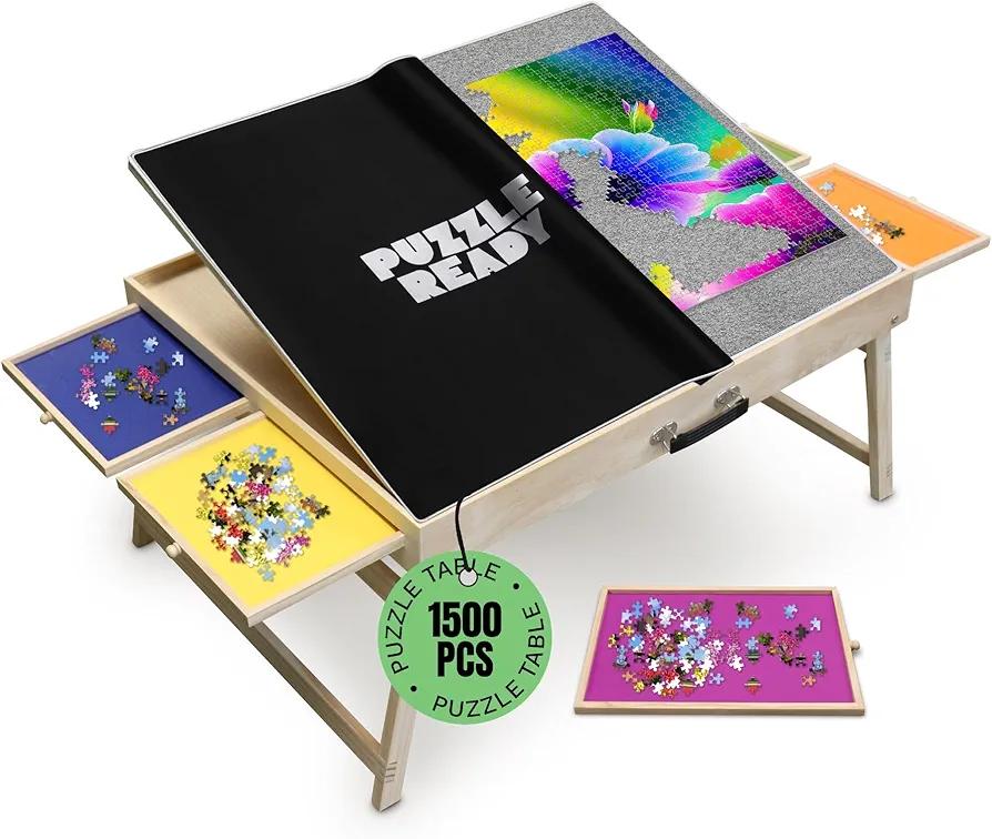 Puzzle Ready 1500-Piece Wooden Jigsaw Puzzle Table - 27" x 36" Foldable Portable Puzzle Board Design with Short Legs, 4 Colorful Drawers, 3 Adjustable Angles & Cover Mat - Fits 1000-1500 Piece Jigsaw