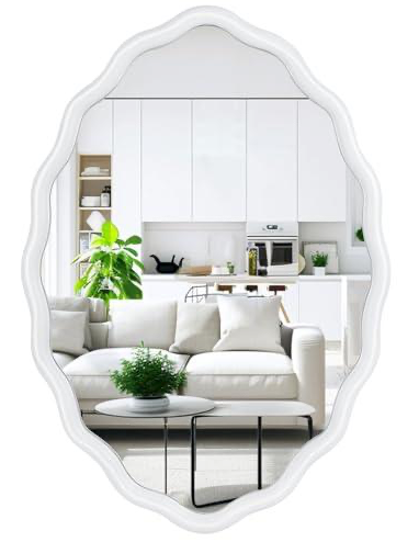 Oval Bathroom Mirror Wall Mounted Large Decorative Wall Mirror for Living Room, Bedroom, or Entryway – Vintage Sunburst Design with Beveled Detailing – Wavy Frame Vanity Mirror (White)
