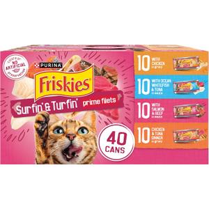 Purina Friskies Gravy Wet Cat Food Variety Pack, Surfin’ and Turfin’ Prime Filets Favorites - (Pack of 40) 5.5 oz. Cans, Best By: MAY 2027