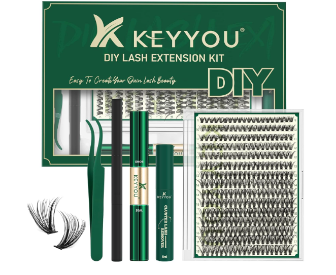 KEYYOU Lash Extension Kit DIY 300Pcs Lash Clusters Kit 40D 0.07 D Curl 918MIX Eyelash Extension Kit Individual Lashes Kit with Lash Bond and Seal, Lash Tweezers and Remover for Self Use