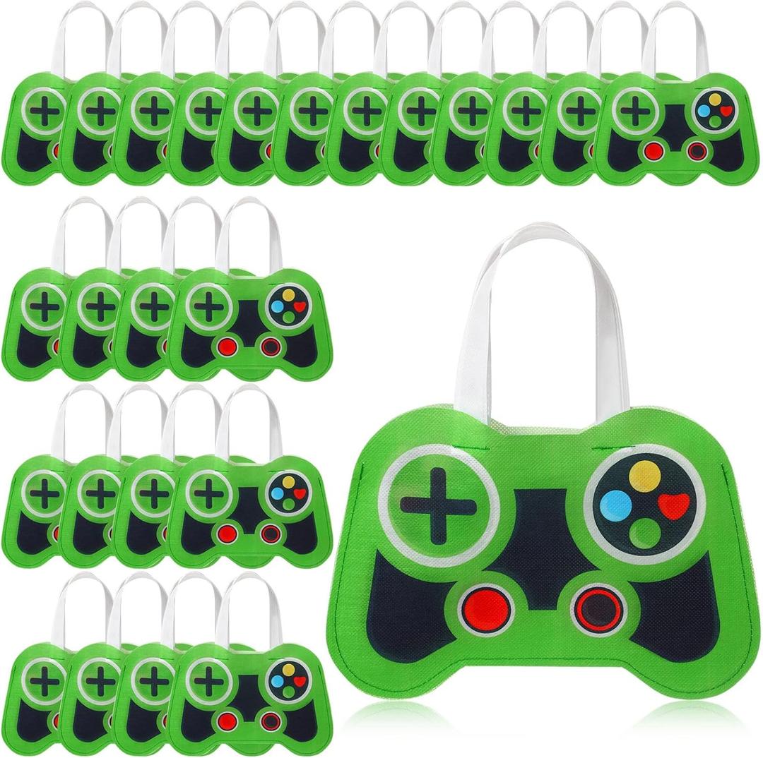 Silkfly 24 Pcs Video Game Party Favor Bags Non Woven Reusable Gaming Goodie Treat Gift Bags with Handles Gaming Party Supplies (Green,24 Pcs)
